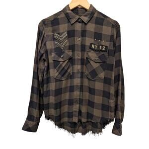 Rails Pepper Button Down Boyfriend Plaid Shirt Juniper Black Frayed Cut Hem Punk